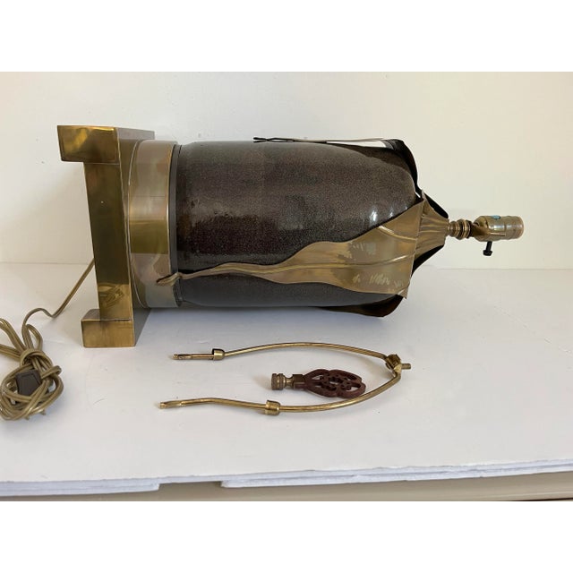 1970s Ceramic & Brass Leaves Lamp & Shade For Sale - Image 9 of 11