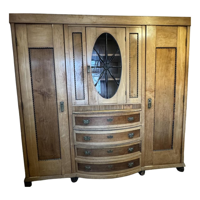 Art Deco Wooden Cabinet with Oval Glass Window and Drawers, 1930s For Sale