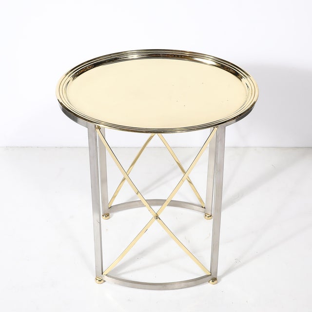 Mid-Century Polished Brass & Brushed Steel Side Table With Lattice Supports For Sale In New York - Image 6 of 14