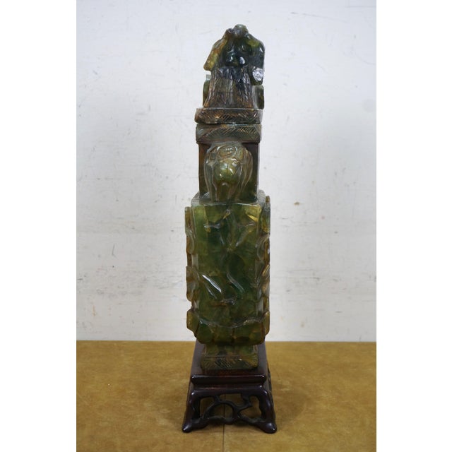 Antique Chinese Qing Dynasty Carved Green & Yellow Jade Pheasant Urn For Sale - Image 4 of 12
