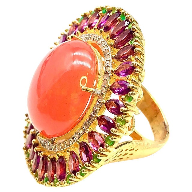Bochic "Orient" Vintage Orange Opal, Rodolite & Diamond Ring Set In 18K & Silver For Sale - Image 15 of 18