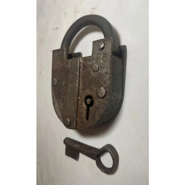 Gray Rare Antique Hidden Key 1800's Pad Lock Solid Steel Wrought Iron Skeleton Key For Sale - Image 8 of 9