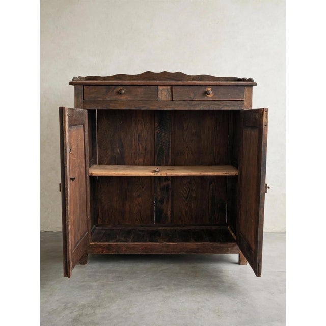 Antique Rustic Pine Two-Door Cabinet With Drawers & Scalloped Gallery For Sale - Image 4 of 7