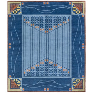 Modern Art Nouveau Geometric Blue With Slate Rug "Rivage" by Doris Leslie Blau For Sale