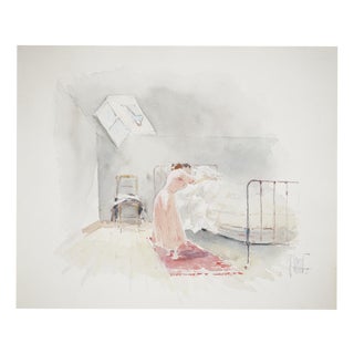 René Leverd, Woman in Pink, Watercolor For Sale