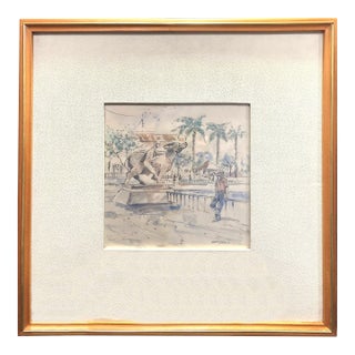 Framed Watercolor of a Park's Bull Sculpture Being Admired For Sale