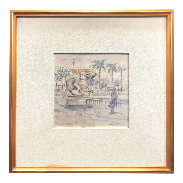 Framed Watercolor of a Park's Bull Sculpture Being Admired For Sale