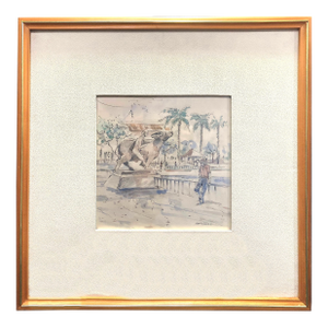 Framed Watercolor of a Park's Bull Sculpture Being Admired