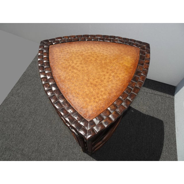 Wood Set of Three Vintage Bamboo Coastal Rattan Leather Ostrich Nesting Tables Lh2 For Sale - Image 7 of 12