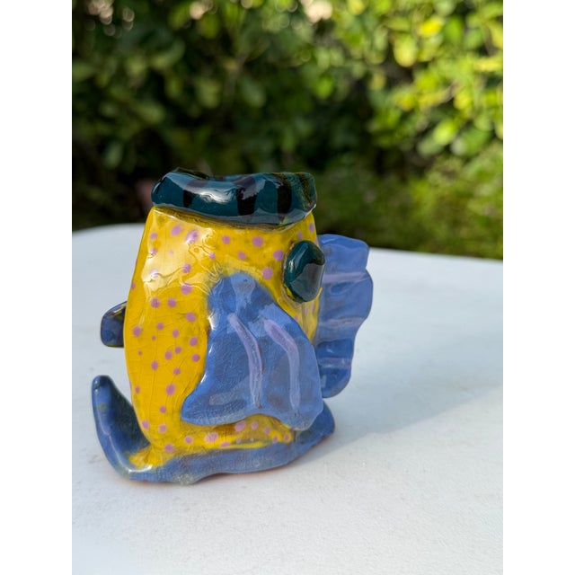 Ceramic Vintage Handcrafted 4” Crackle Glazed Tropical Fish Art Pottery Vase For Sale - Image 7 of 10
