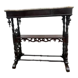 Victorian White Marble Top Walnut Wpool Turned.Leg Stand Table, Circa 1870s