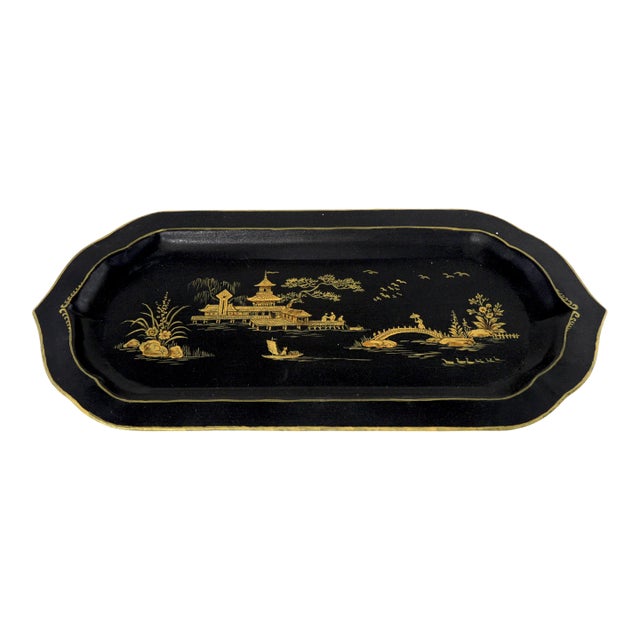 Black Hand-Painted Chinoiserie Art Deco Metal Tray For Sale