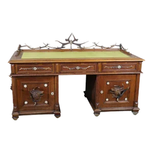 Large Oak Wood Desk With Antler Decorations by Rudolf Brix 1900