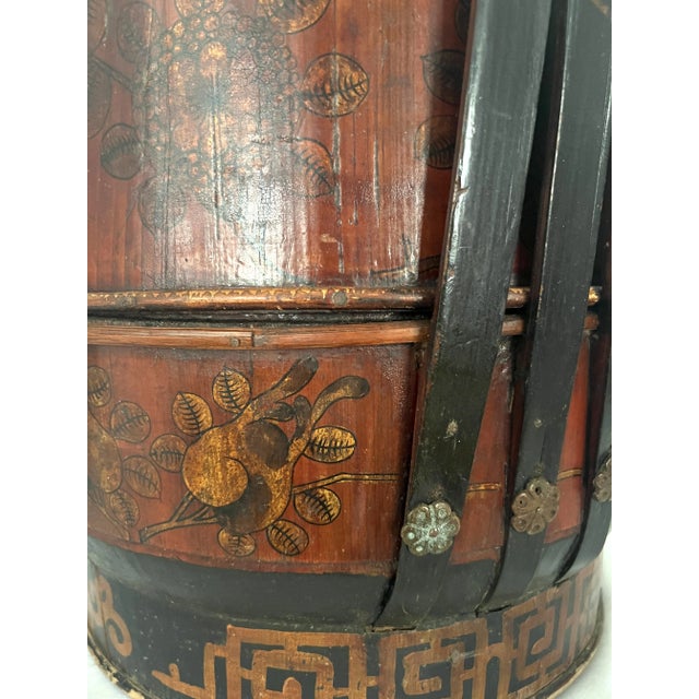 Large Antique Chinese Tiered Storage Box or Basket, Sewing Box, Hand Decorated & Signed With Auspicious Objects For Sale - Image 9 of 12