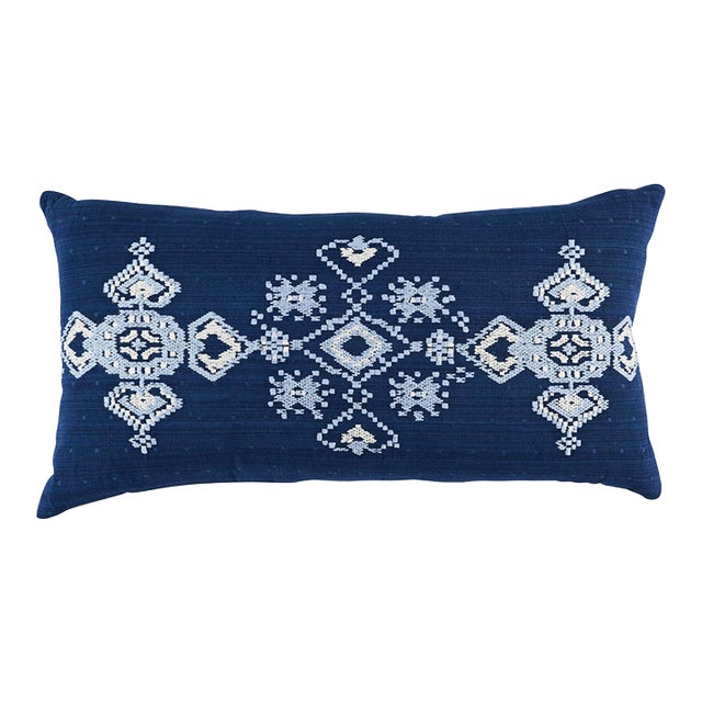 Schumacher Nadira Embroidery Pillow in Indigo 24X12" For Sale