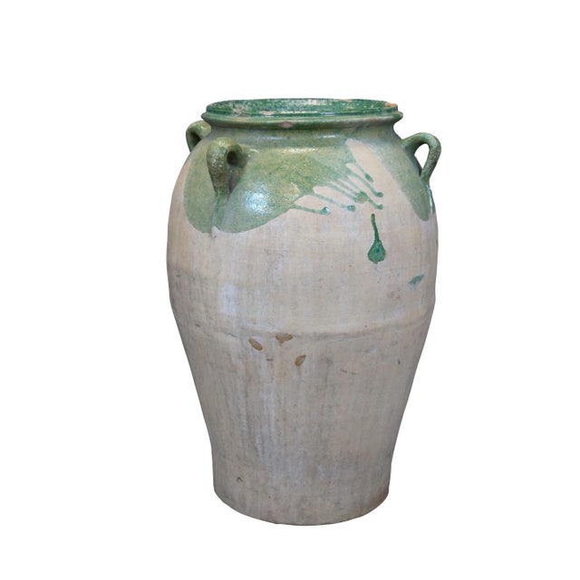 Antique French amphora / floor vase, handcrafted of light colored terracotta, rounded form with tapered base, molded green...