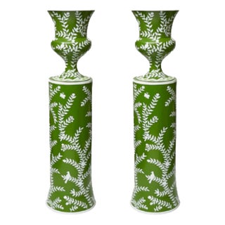 Chinoiserie Tole Urns & Pedestals - 4 Piece Set For Sale
