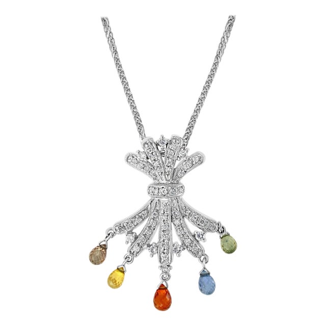 1.5 Carat Multi Sapphire Briolettes Pendant /Necklace 18 Karat Gold Estate For Sale