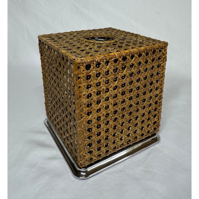 Vintage Rattan cane webbing weave tissue box cover with an inner stainless steel liner box. Great condition. Age...