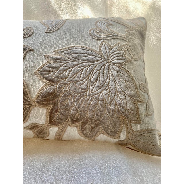 Velvet Foliage Appliquéd Linen and Silk Decorative Lumbar Pillow Cover For Sale - Image 4 of 8