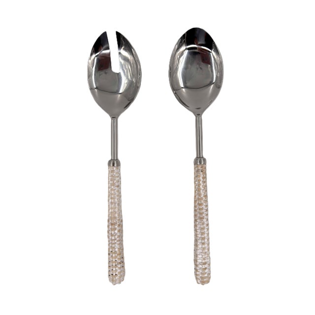 Wood Handmade Stainless Steel & Rattan Woven Handle Salad Server Set, Handcrafted in India - 2 pcs For Sale - Image 7 of 8