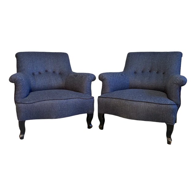 Set of Blue Wool Armchairs For Sale