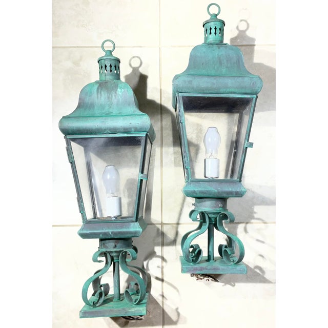 Pair of Vintage Solid Brass Post Lanterns. 27”h X 8”.5 X 8”.5 For Sale - Image 11 of 16