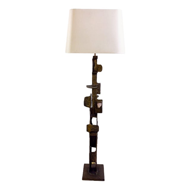 Brutalist Bronze Floor Lamp with Incrusted Stones, 1970s For Sale