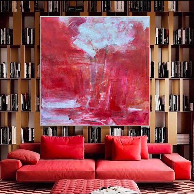 Red "Full Bloom" by Trixie Pitts Large Striking Abstract Oil Painting on Canvas For Sale - Image 8 of 13