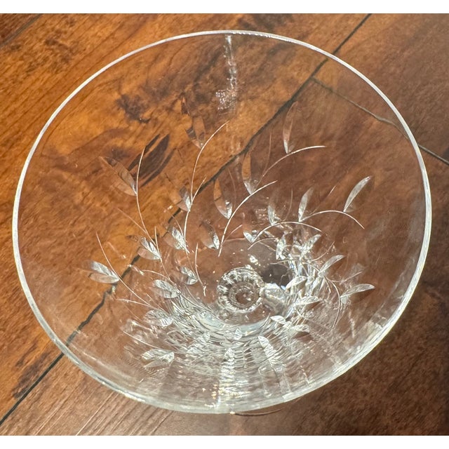 Elegant and timeless set of 8 vintage crystal wine glasses attributed to Duncan & Miller, Willow pattern. Each glass...