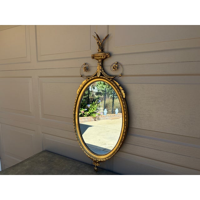 English Early 20th Century Adam Style Neoclassical Giltwood Oval Mirror With Urn Crest For Sale - Image 3 of 17