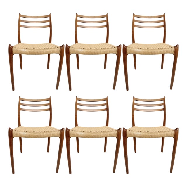 Mid 20th Century Jl Møller Model 78 Teak Dining Side Chair With Danish Paper Cord Seat, Set of Six 6 For Sale