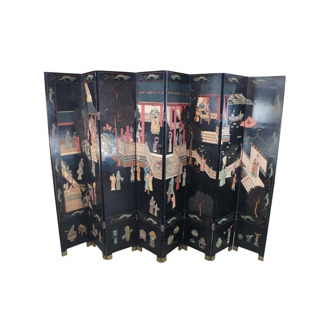 Chinoiserie Chinese Coromandel Black Lacquer 8 Panel Folding Screen Room Divider 128" For Sale - Image 3 of 17