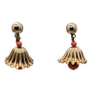 Vintage 1950s Signed Napier Goldtone Faux-Coral Bell Clip Earrings- 2 Pieces For Sale