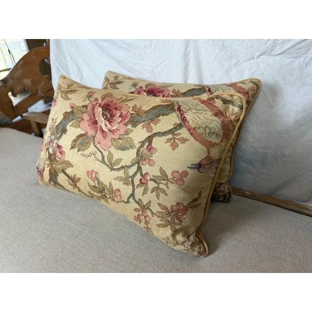 French Country Vintage-Inspired Linen Lumbar Pillows, Floral Design, Usa, Set of Two For Sale - Image 3 of 6