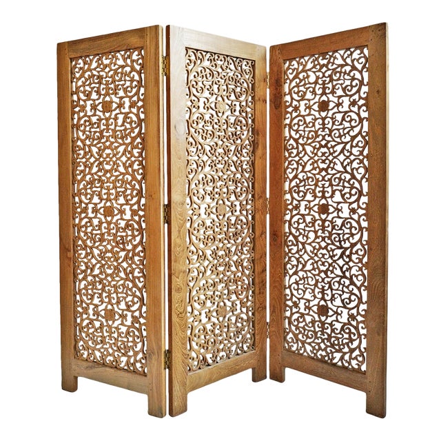 Kayla Teak Carved Folding Screen For Sale