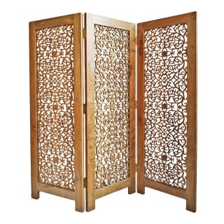 Kayla Vintage Teak Carved Asian Folding Screen / Room Divider For Sale