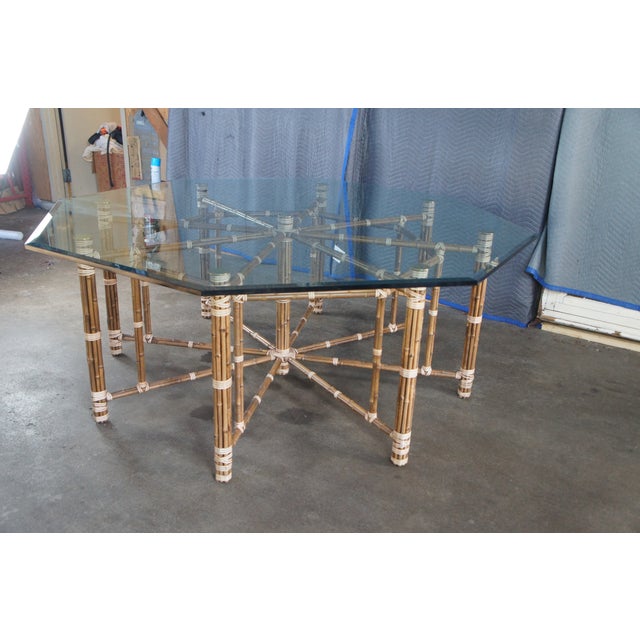1970s Attributed to McGuire Mid Century Bohemian Modern Octagonal Bamboo Glass Dining Table 74" For Sale - Image 18 of 18