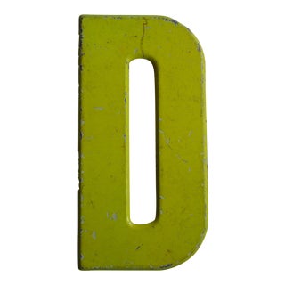Vintage Rustic Metal Neon Yellow Letter 'D' Sign For Sale