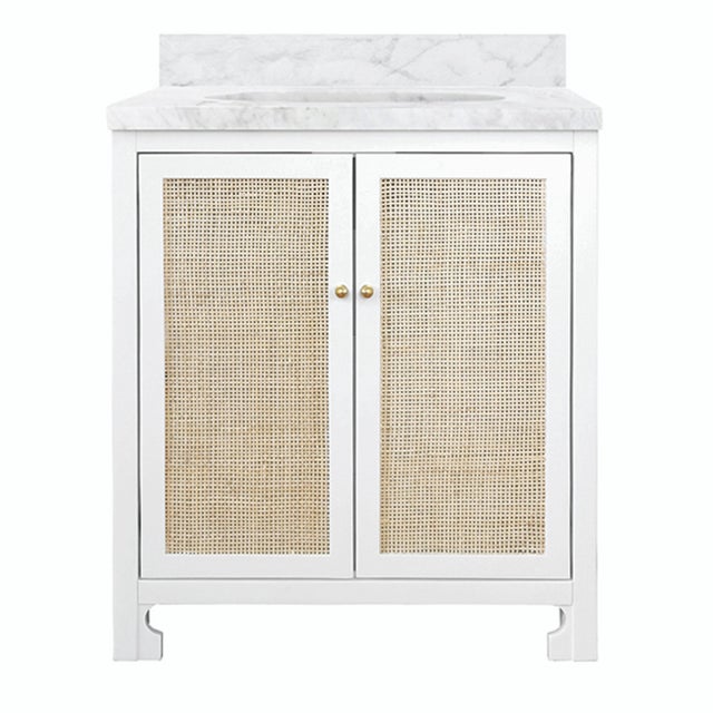 Metal Matthew Izzo Home Boyd Matte White Lacquer Single Porcelain Sink Bath Vanity With Caned Front Doors and Carrara Marble Top With Brass Hardware For Sale - Image 7 of 7