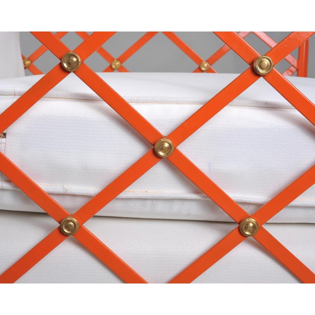 Pair of French Maison Jean Orange Iron Lattice Lounge Chairs For Sale - Image 14 of 18