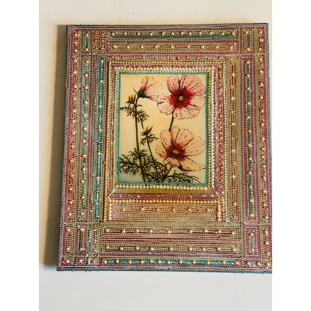 Unique American Artisan collage with Flowers and beads on canvas on stretcher. Signed by the artist Beverly Robert’s.