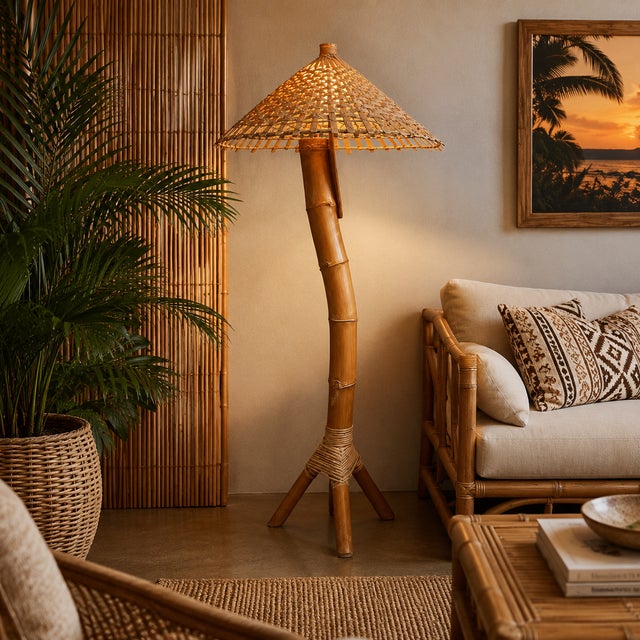 Tan 1970s Monumental Coastal Bamboo Floor Lamp For Sale - Image 8 of 8