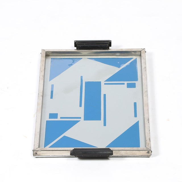 1930s Art Deco Reverse Eglomise Blue & White Geometric Motif in Nickel & Bakelite Tray For Sale - Image 5 of 12