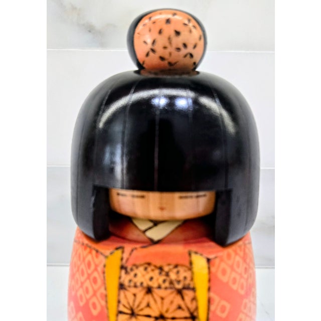 Japanese Vintage Sosaku Japanese Kokeshi Doll, Signed, Orange Geometric Kimono For Sale - Image 3 of 9