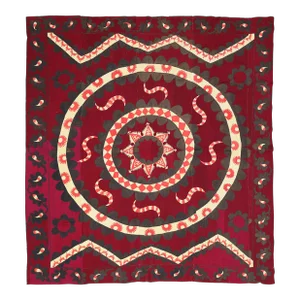 Square Vintage Burgundy Hand Embroidered Uzbek Textile Tapestry
