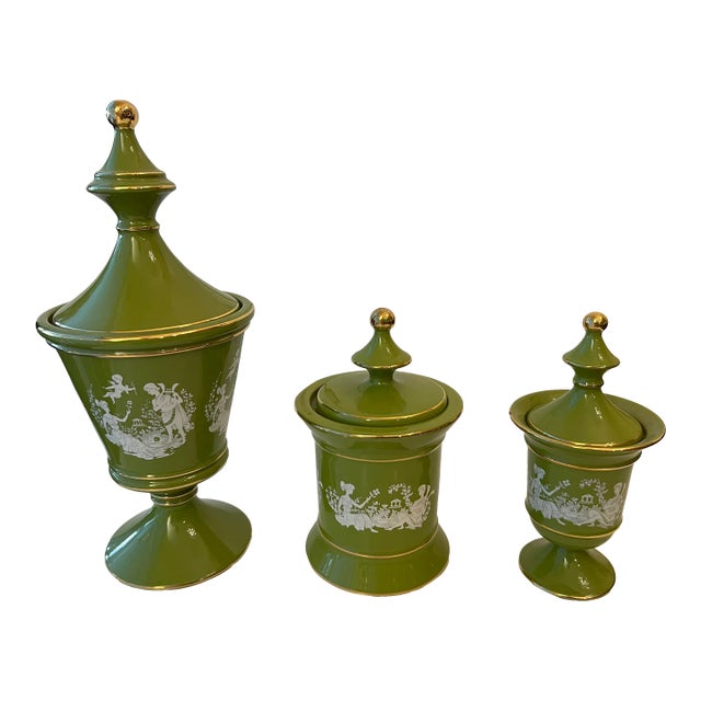 Vintage Green & Gold Lidded Jars With White Couple & Cupid Scene -Set of 3 For Sale