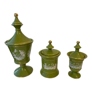 Vintage Green & Gold Lidded Jars With White Couple & Cupid Scene -Set of 3
