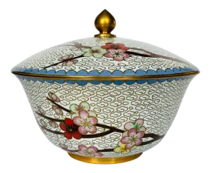 Vintage White Cloisonné Cherry Blossom Covered Dish
