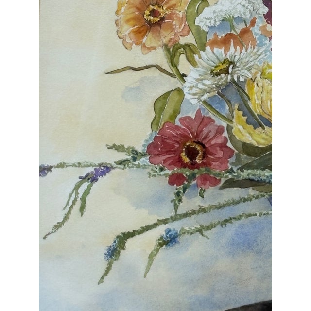 Impressionist 1980s Large Watercolor of Wildflowers and Zinnias in a Watering Can by Dan Suddath For Sale - Image 3 of 8